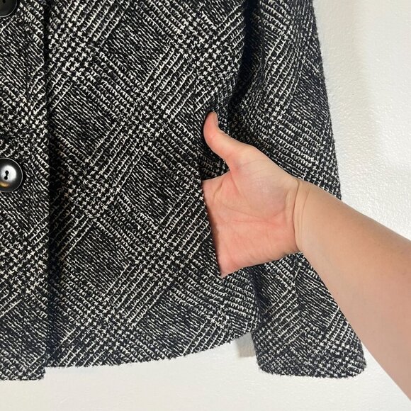 Talbots Wool Blend Black White Silver Wide Collar Large Button Front Blazer 8 - Picture 7 of 9